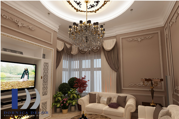 طرح داخلی یک اتاق نشیمن در یک آپارتمان به سبک کلاسیک
