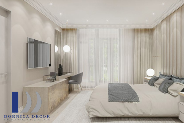 طراحی داخلی اتاق خواب یک آپارتمان به سبک معماری نئوکلاسیک