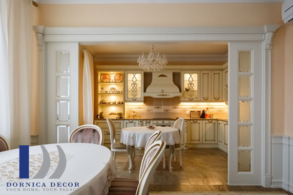 طراحی فضای داخلی اتاق ناهار خوری در آپارتمان بعد از بازسازی به سبک معماری کلاسیک